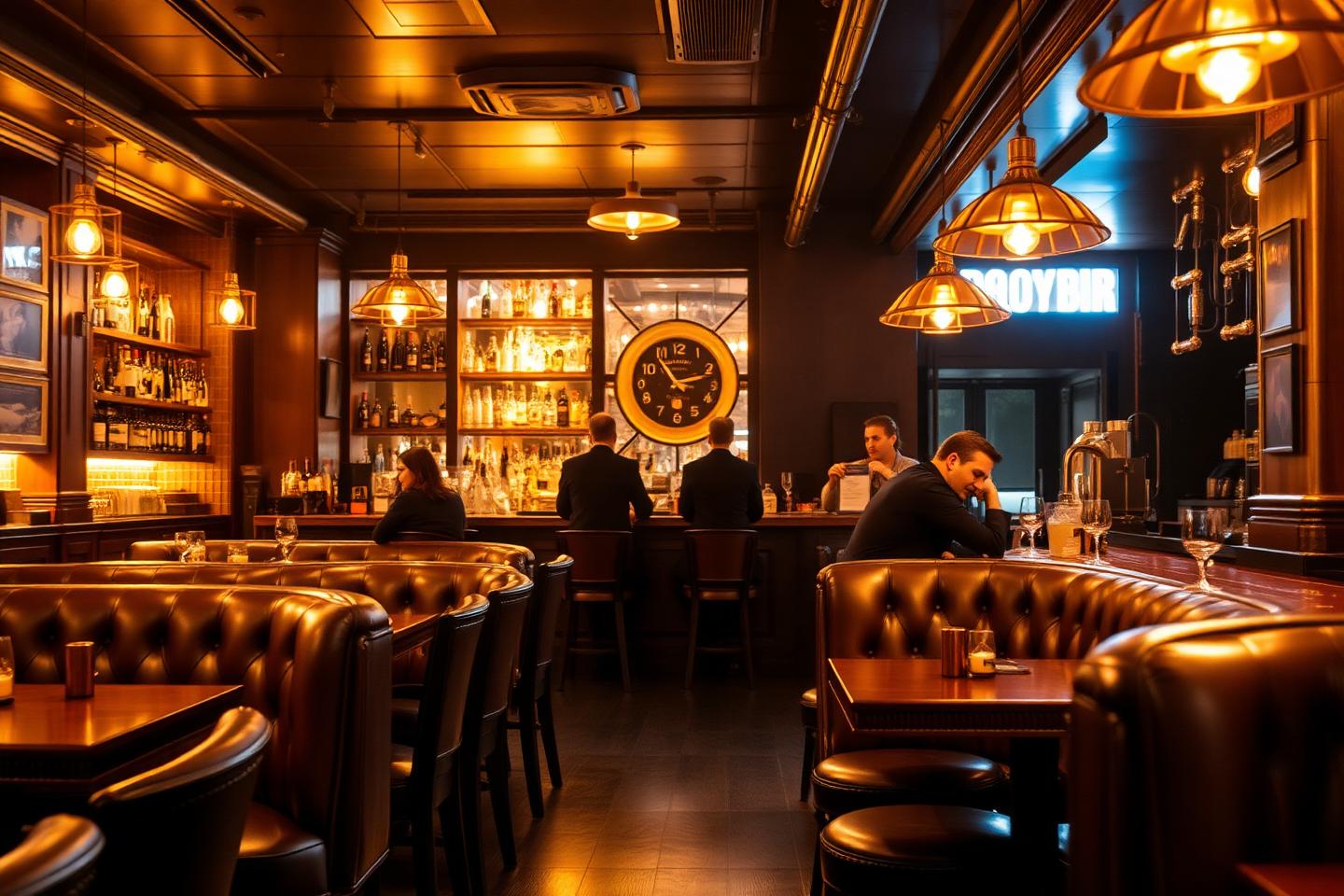 Warm interior of Storia Bar Restaurant with leather banquettes and brass lighting